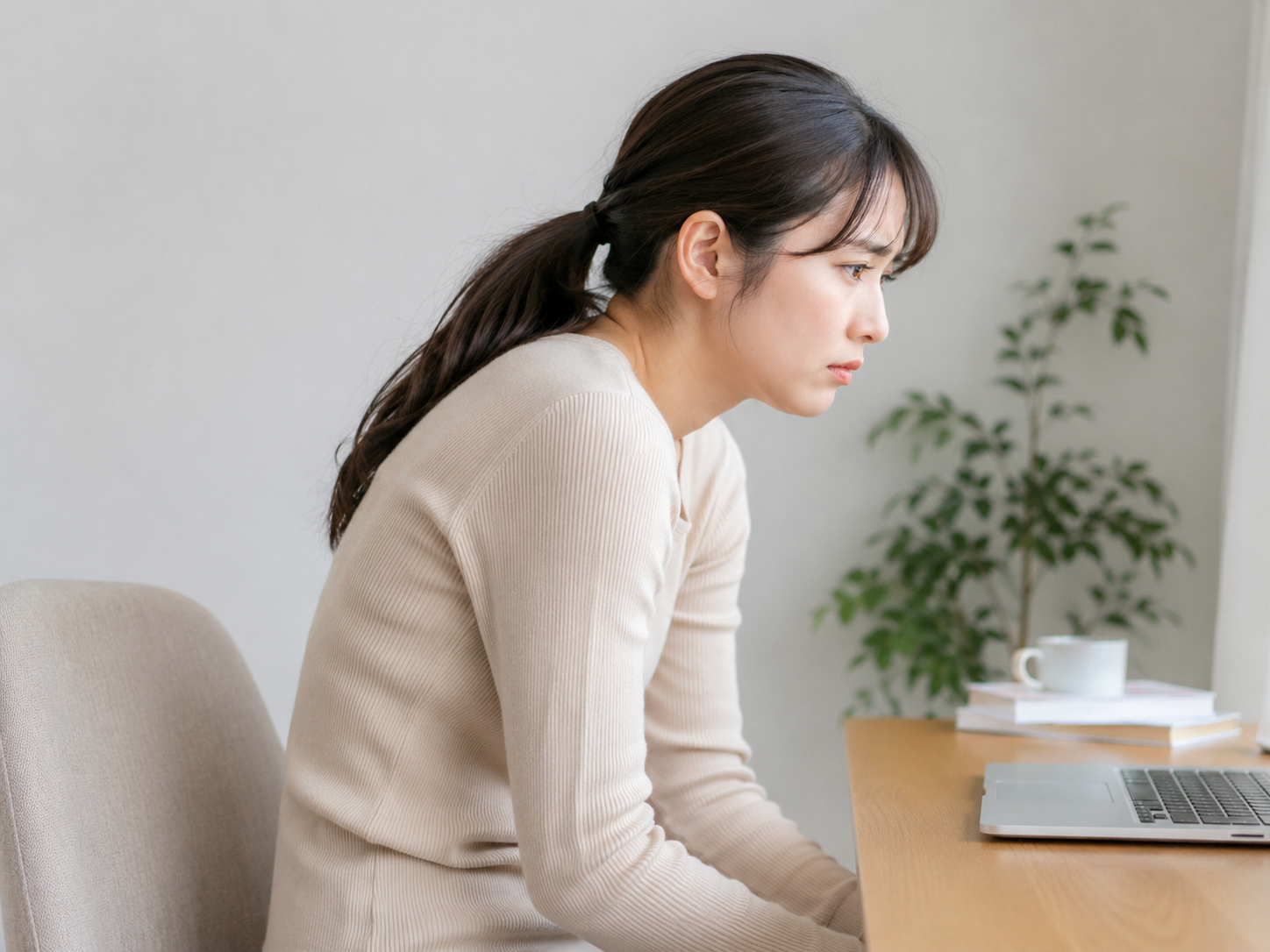 巻き肩の女性